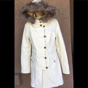 Free People Cream Wool Pea Coat Fur Hood
